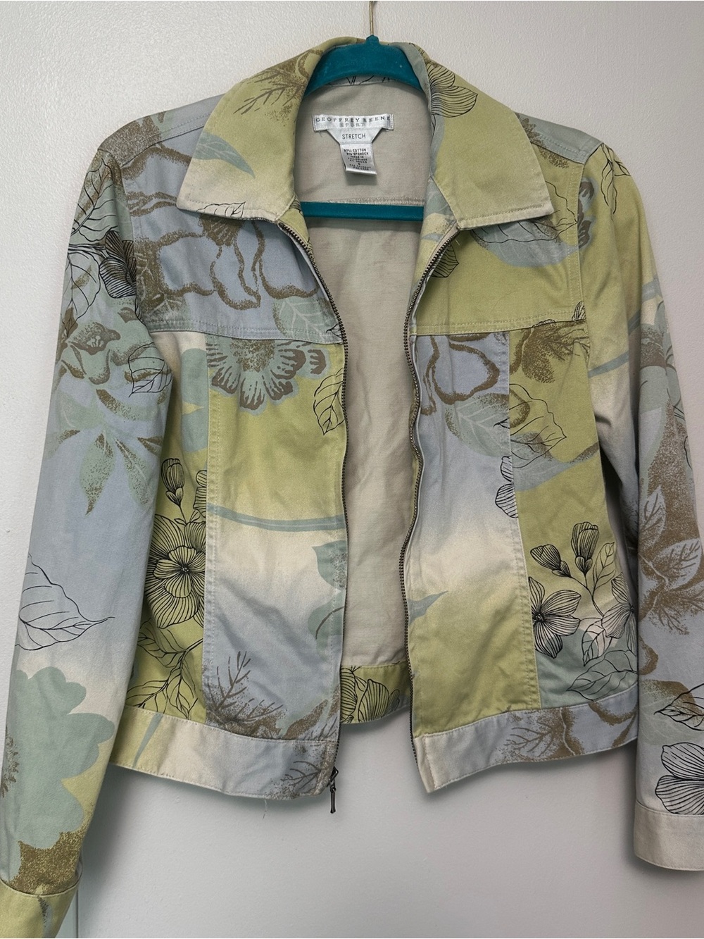 Geoffrey Beene Floral Panel Zip-Front Jean Jacket - Sage Multi
